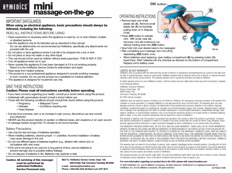 Page n°1 - Manuel utilisateur Homedics PM-30CTM