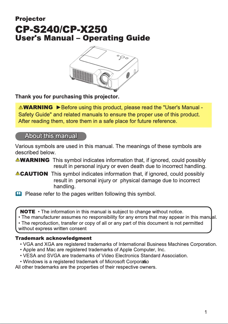 Image de la première page du manuel de l'appareil CP-X250