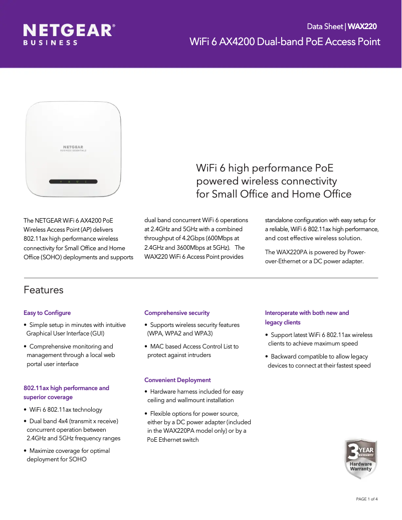 Page 1 de la notice Fiche technique Netgear WAX220