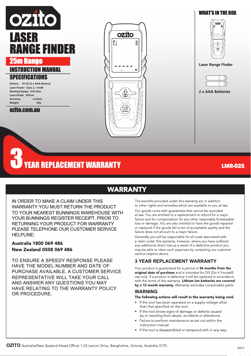 Page 1 de la notice Manuel utilisateur Ozito LMR-025
