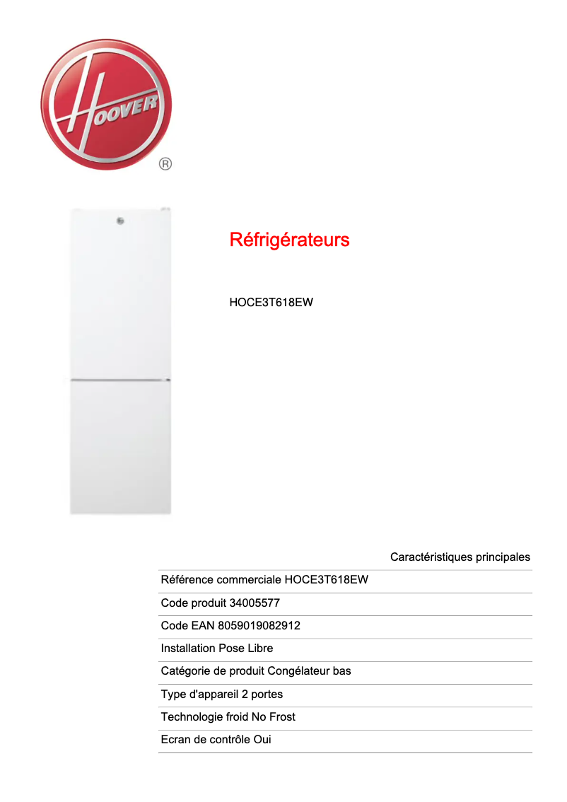 Page 1 de la notice Fiche technique Hoover HOCE3T618EW