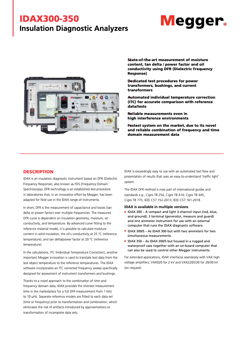 Page 1 de la notice Fiche technique Megger IDAX 300