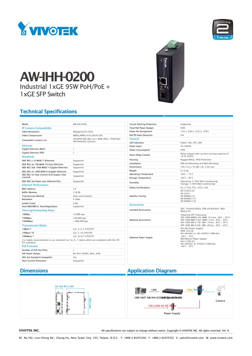 Page 1 de la notice Fiche technique Vivotek AW-IHH-0410
