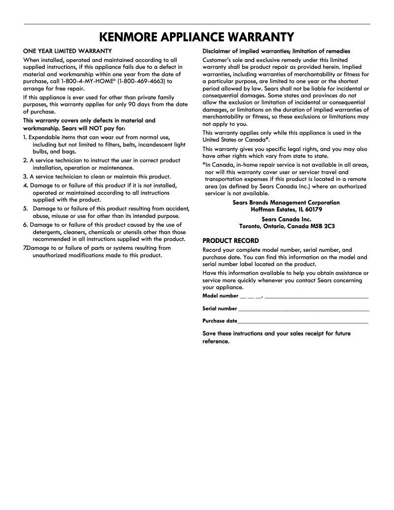 Page 1 de la notice Manuel utilisateur Kenmore 95017