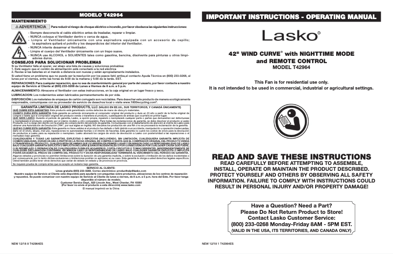 Page 1 de la notice Manuel utilisateur Lasko T42964