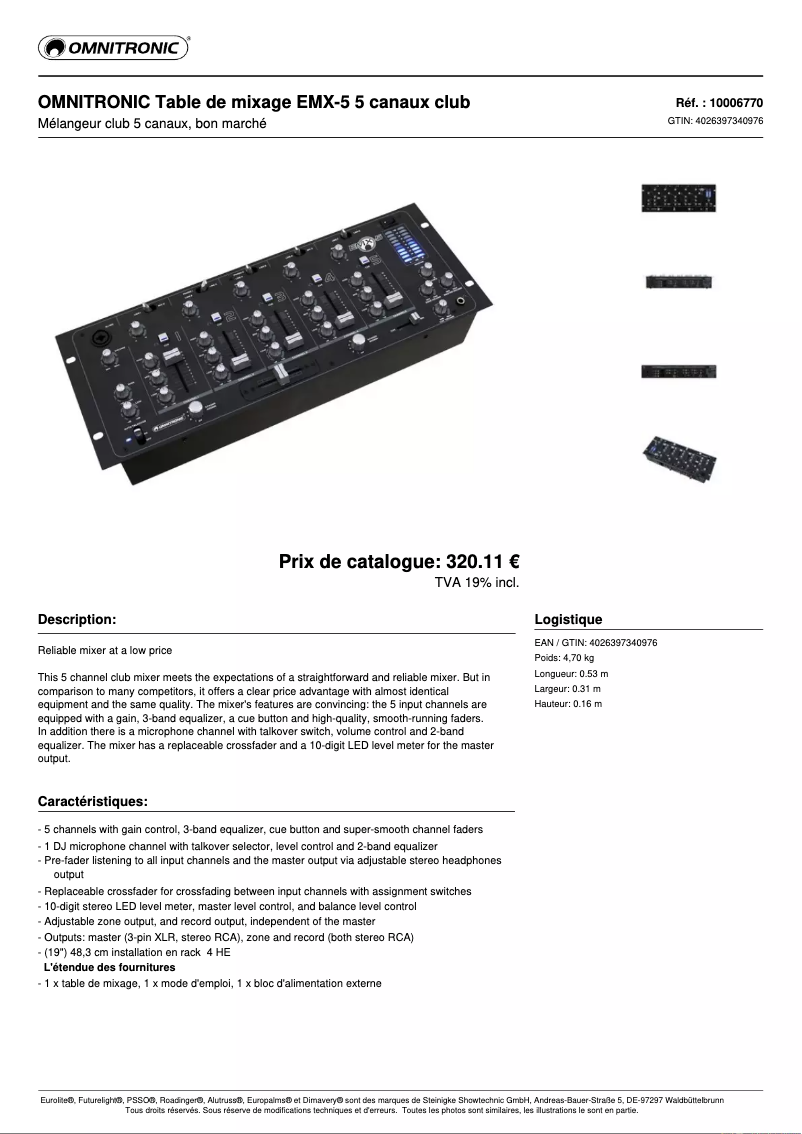 Page n°1 - Fiche technique Omnitronic EMX-5