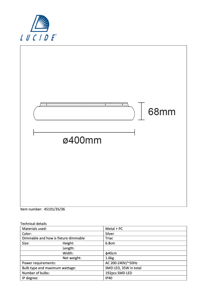 Page n°1 - Manuel utilisateur Lucide Rondell 45101/35/36