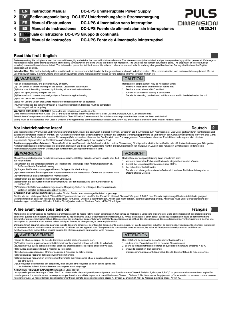 Page n°1 - Manuel utilisateur Puls Dimension UB20.241