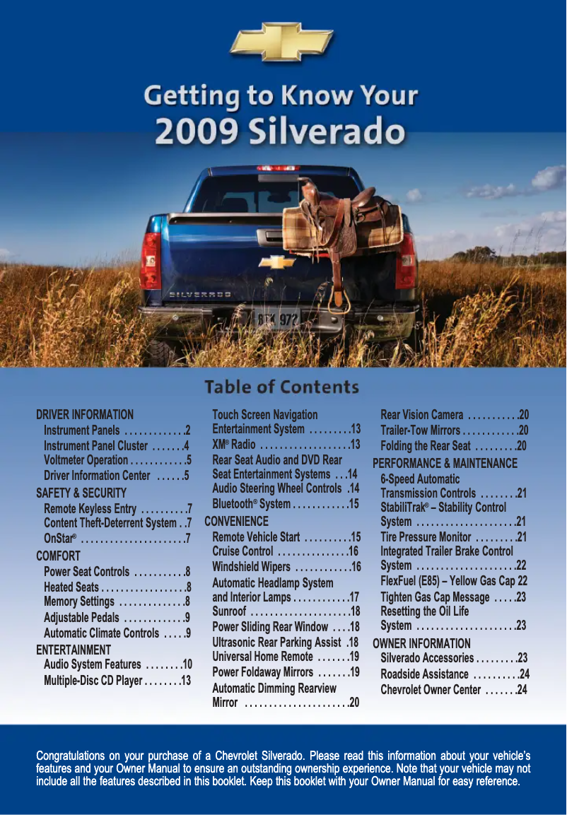 Page 1 de la notice Guide de démarrage rapide Chevrolet Silverado (2009)