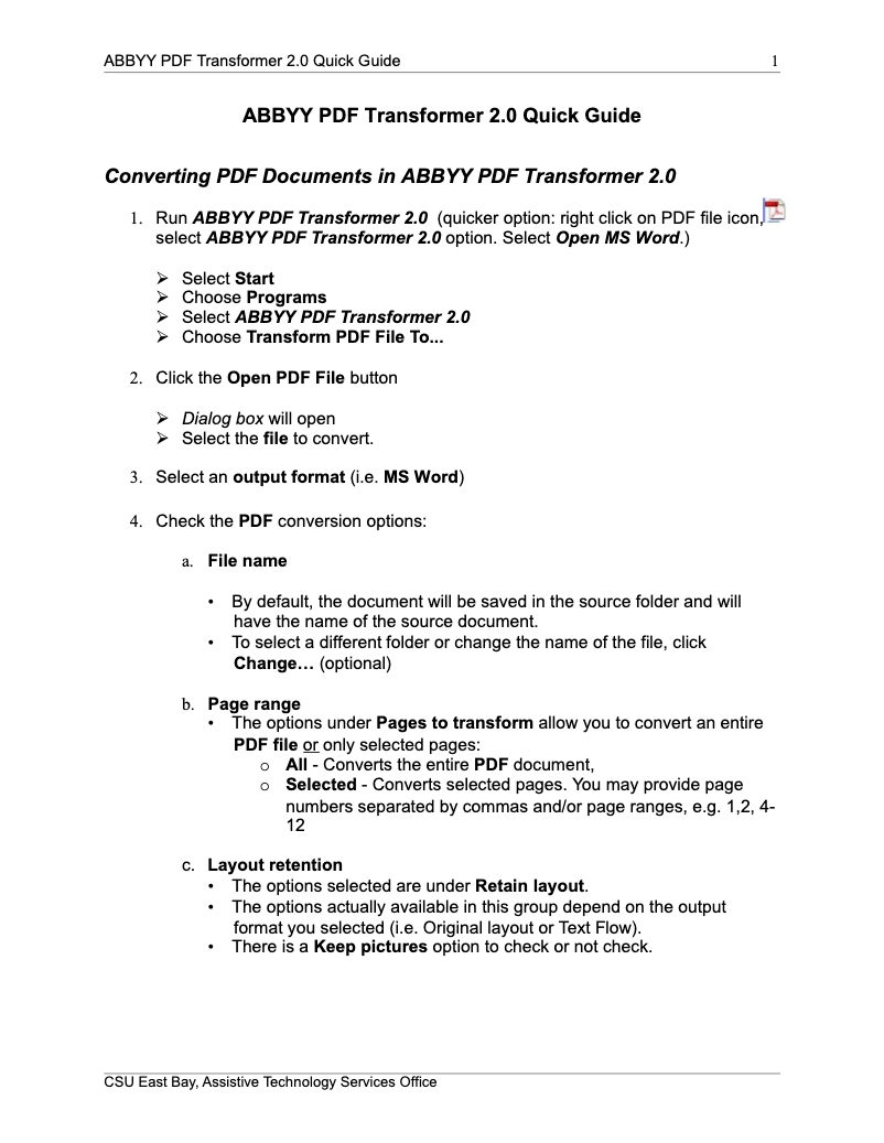Page 1 de la notice Guide de démarrage rapide ABBYY PDF Transformer 2.0