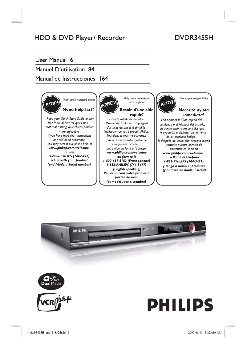 Page 1 de la notice Manuel utilisateur Philips DVDR3455H