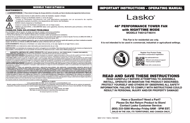 Page 1 de la notice Manuel utilisateur Lasko T48314