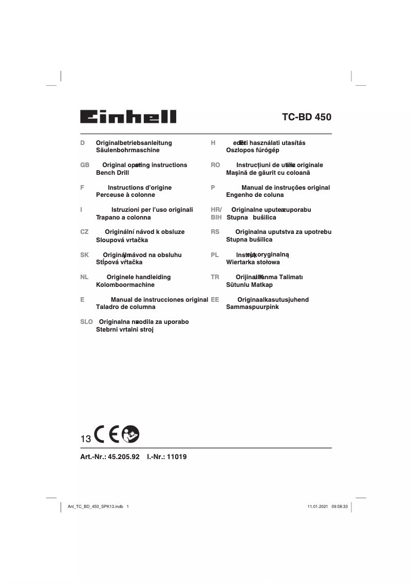 Page 1 de la notice Manuel utilisateur Einhell TC-BD 450