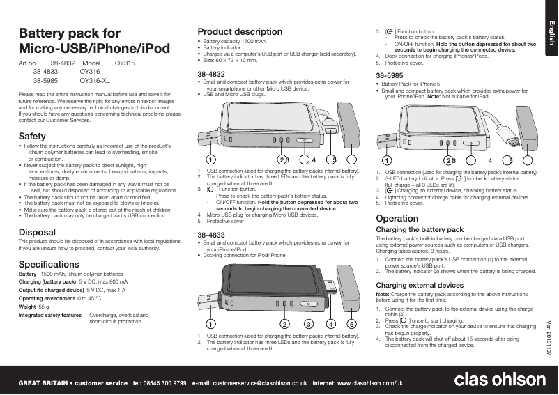 Página 1 del manual Manual de usuario Clas Ohlson OY315