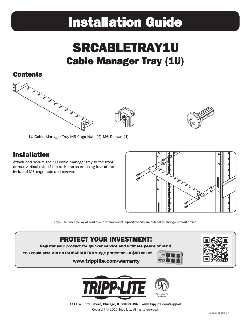 Page n°1 - Manuel utilisateur Tripp Lite SmartRack SRCABLETRAY1U