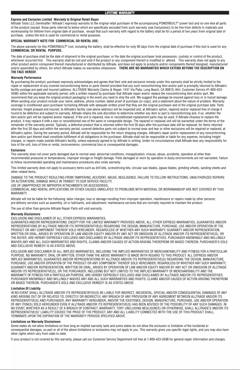 Page n°1 - Informations de garantie Powerbuilt 648615