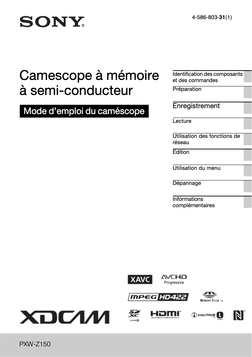 Page 1 de la notice Manuel utilisateur Sony PXW-Z150