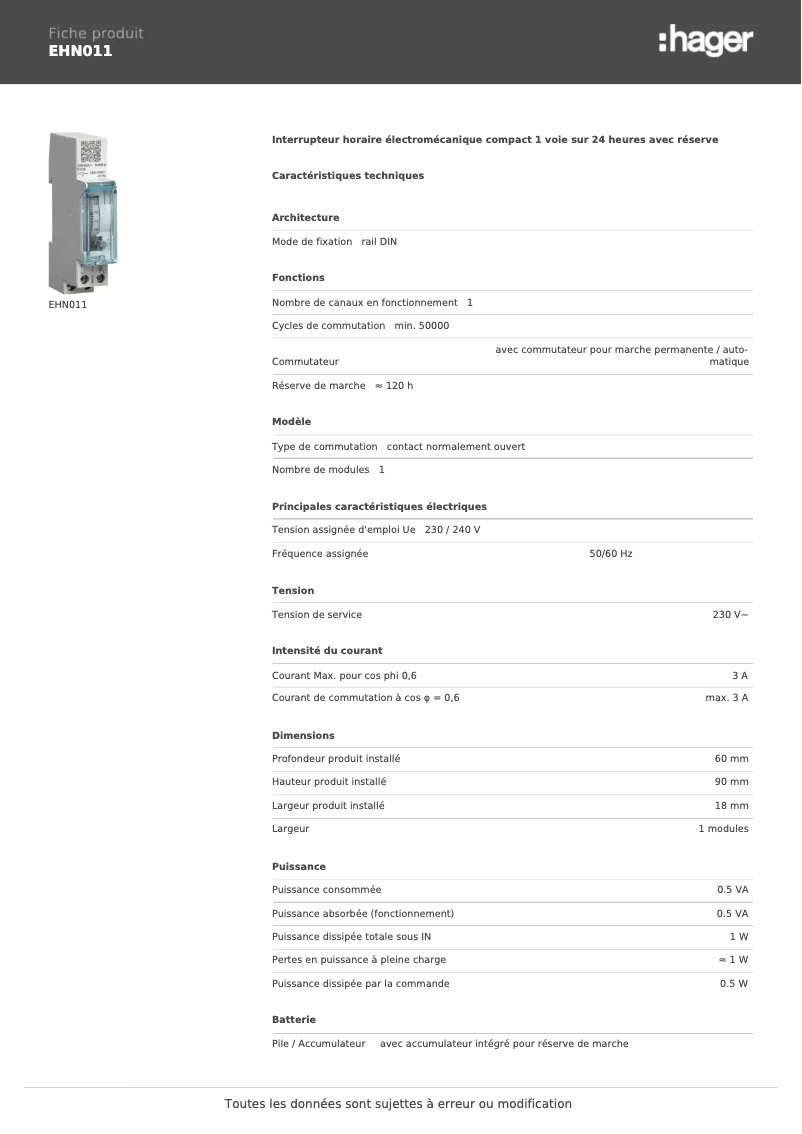Página 1 del manual Ficha técnica Hager EHN011