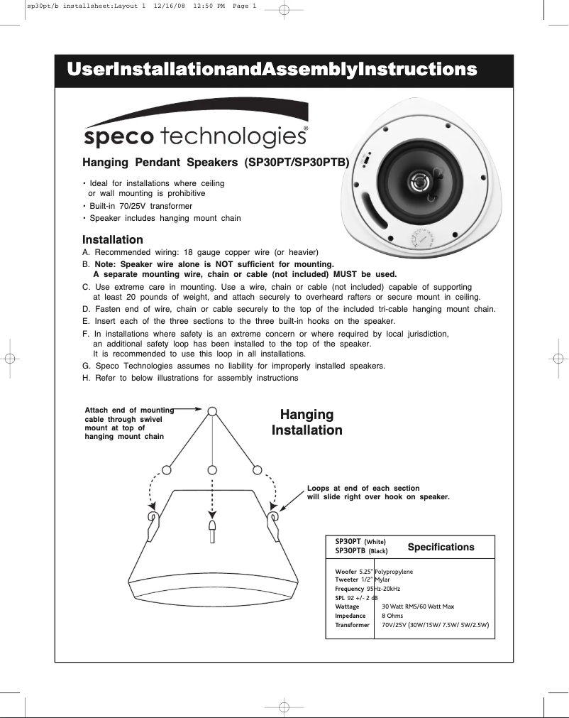 Page 1 of the manual User Manual Speco Technologies SP30PT