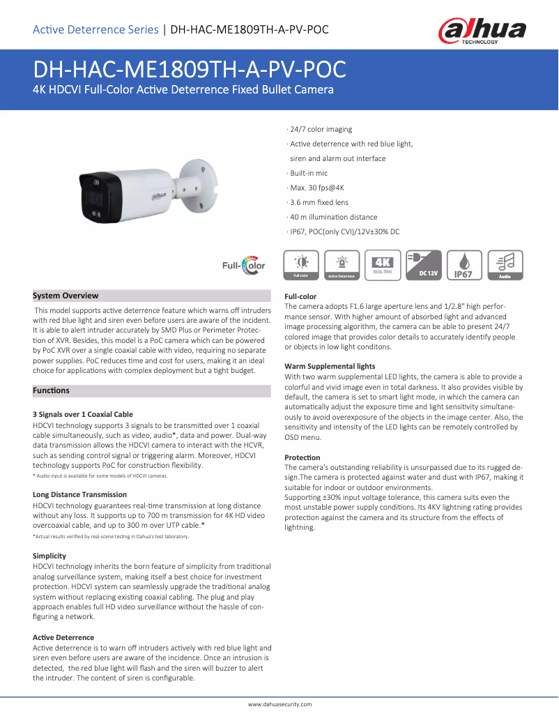 Page 1 de la notice Fiche technique Dahua Technology HAC-ME1809TH-A-PV-POC