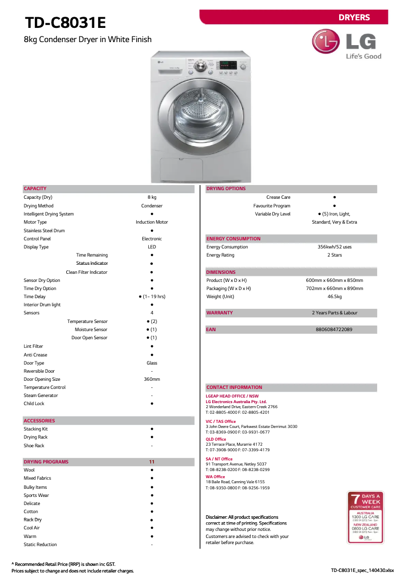 Page n°1 - Fiche technique LG TD-C8031E