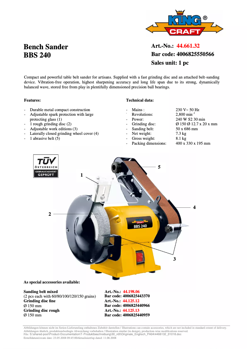 Page n°1 - Fiche technique King Craft BBS 240