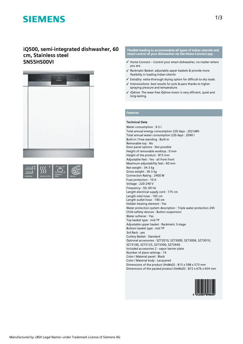 Page n°1 - Manuel utilisateur Siemens SN55HS00VI