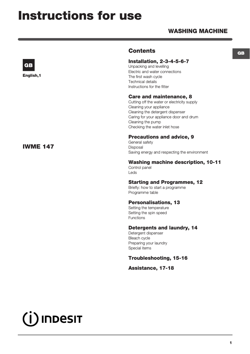 Page n°1 - Manuel utilisateur Indesit IWME 147