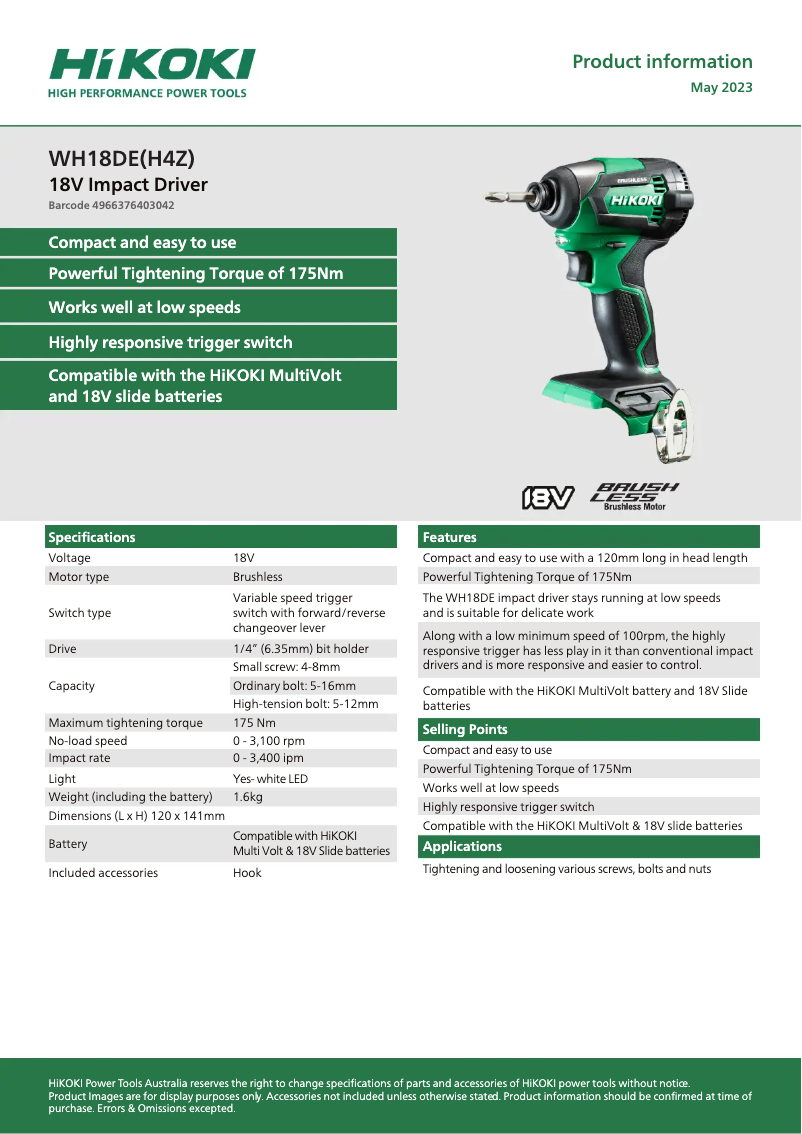 Page 1 de la notice Fiche technique HiKOKI WH 18DE