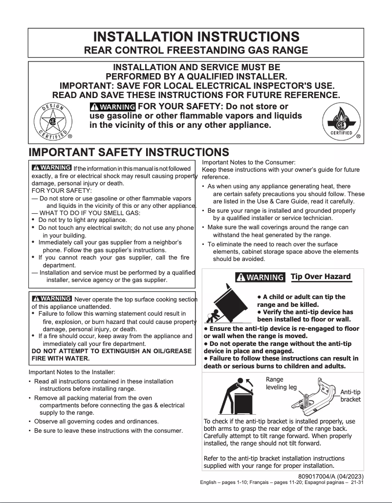 Page n°1 - Guide d'installation Frigidaire FCRG3052BB