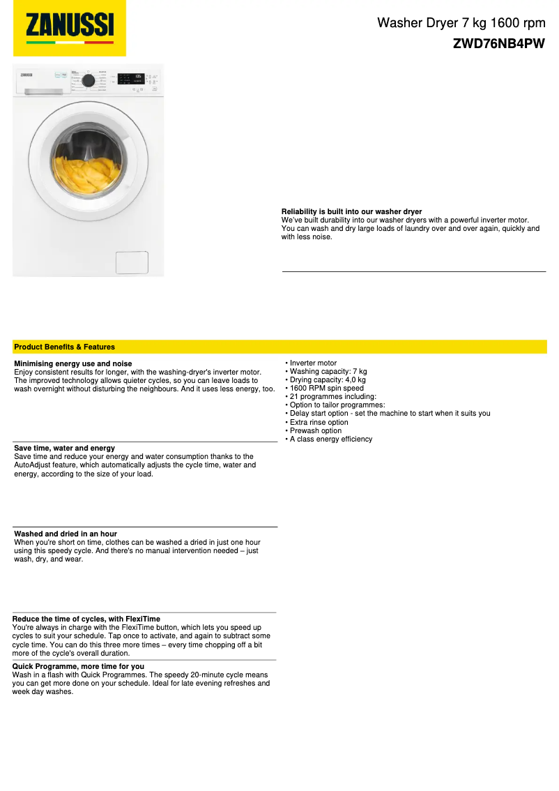 Page 1 de la notice Fiche technique Zanussi ZWD76NB4PW