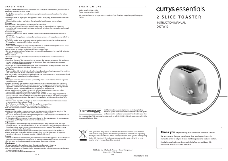 Page n°1 - Manuel utilisateur Currys Essentials C02TW10