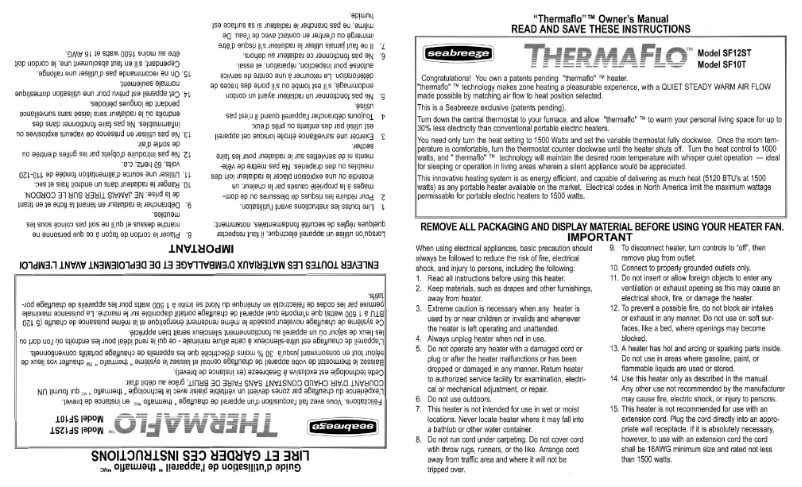 Page n°1 - Manuel utilisateur Seabreeze Thermaflo