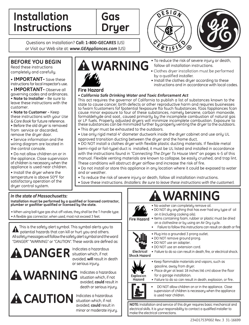 Page 1 de la notice Guide d'installation GE GHDS835GDMC