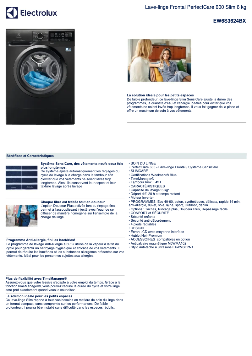 Page 1 de la notice Fiche technique Electrolux EW6S3624BX