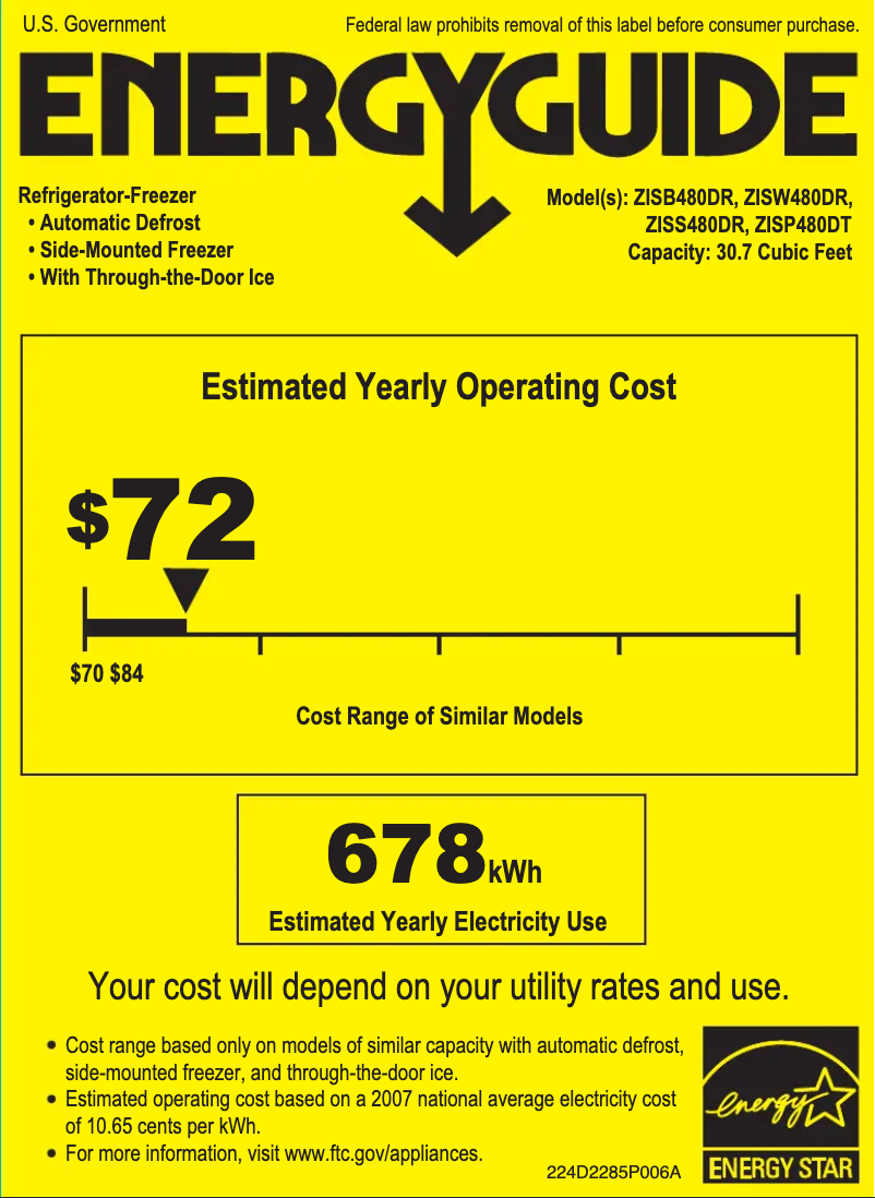 Page 1 de la notice Label énergétique GE ZISB480DR