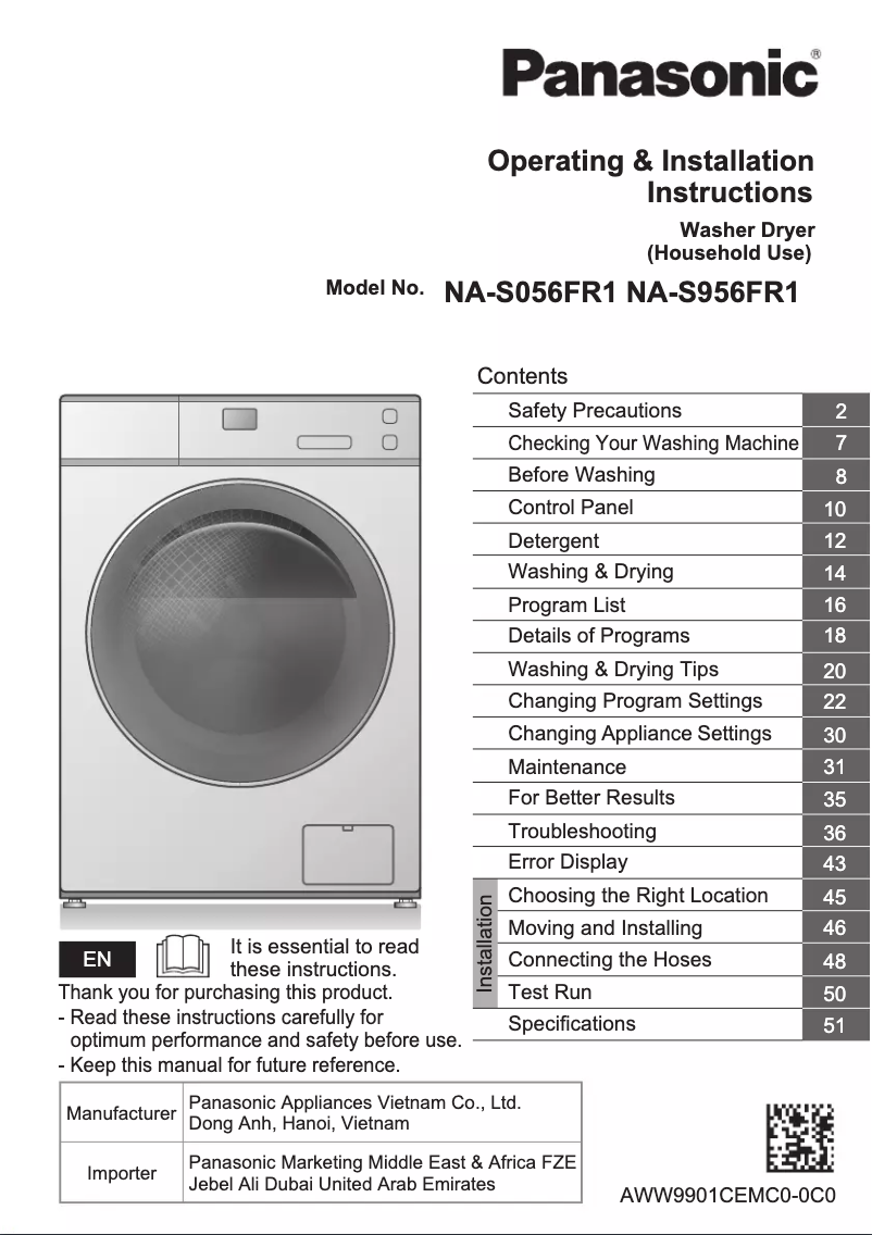 Page 1 de la notice Manuel utilisateur Panasonic NA-S056FR1