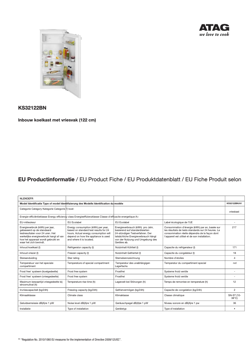 Page 1 de la notice Manuel utilisateur Atag KS32122BN