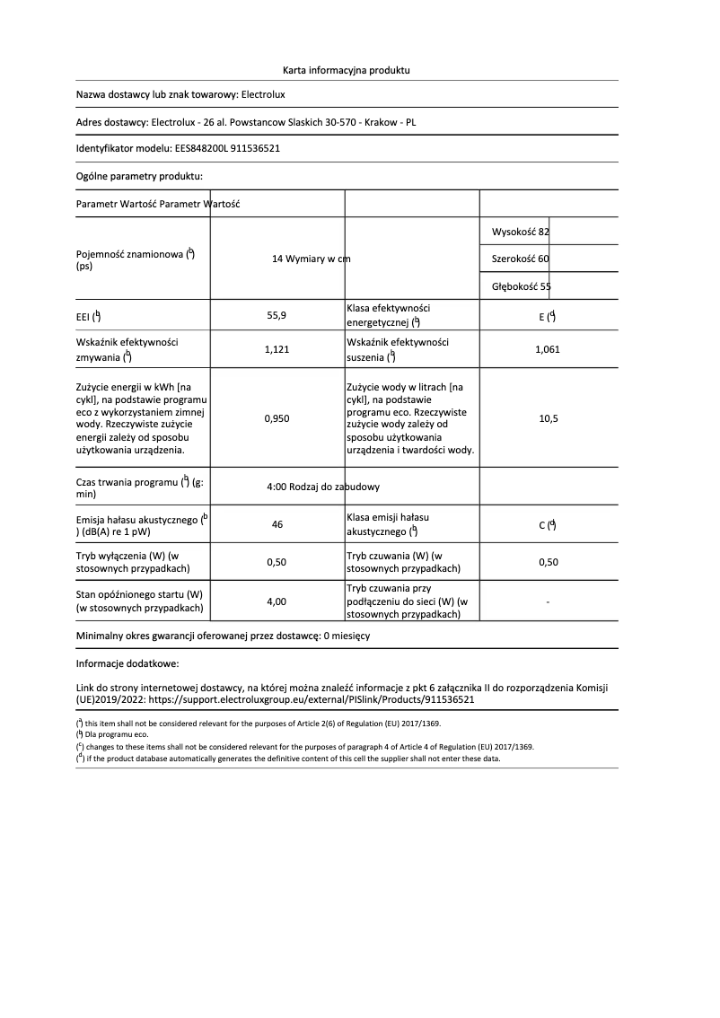 Page 1 de la notice Fiche technique Electrolux EES848200L