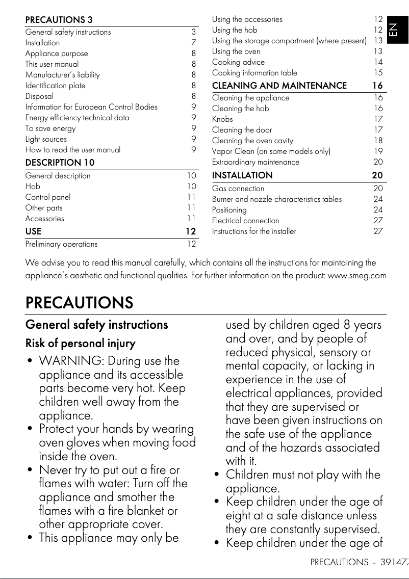 Page 1 de la notice Manuel utilisateur Smeg CX91GMBLNLK