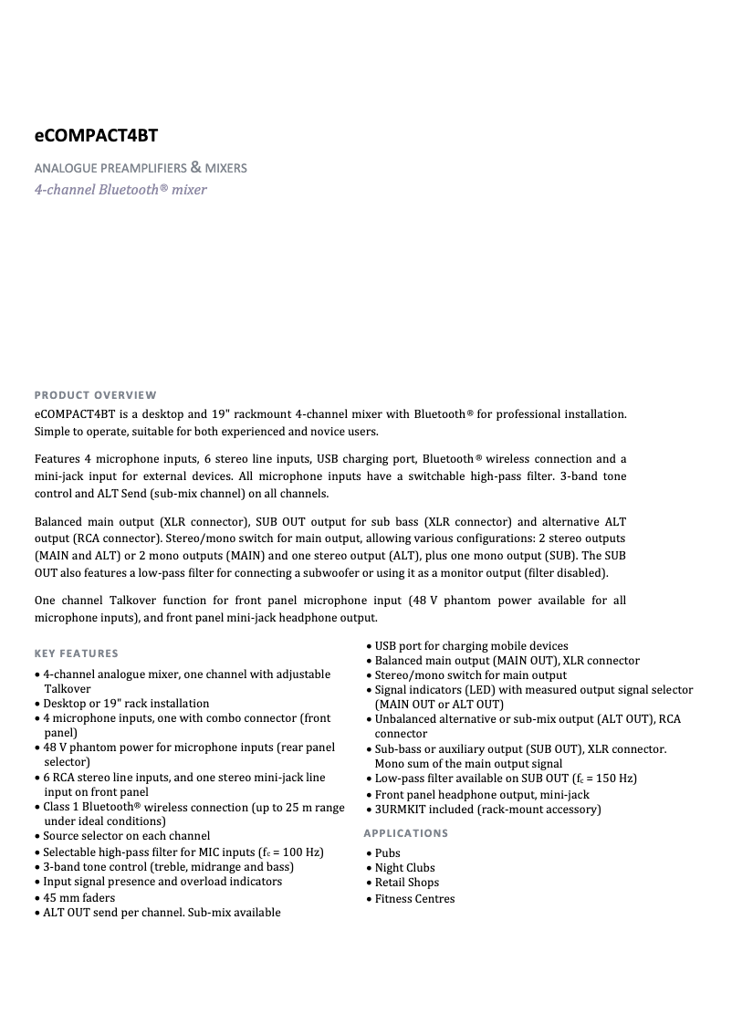 Page 1 de la notice Fiche technique Ecler eCOMPACT4BT