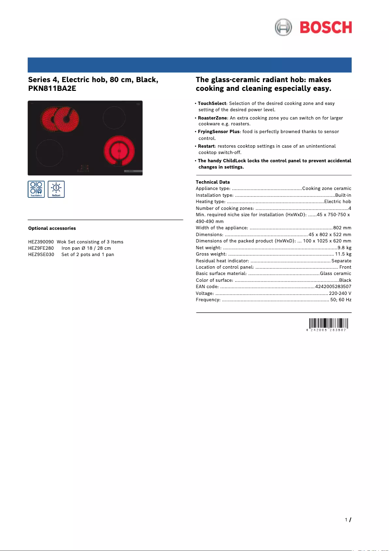 Page 1 de la notice Fiche technique Bosch PKN811BA2E
