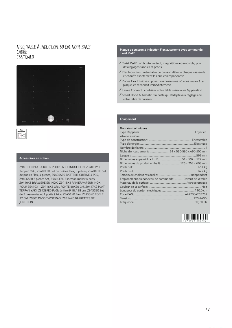 Page 1 de la notice Fiche technique Neff T66FTX4L0