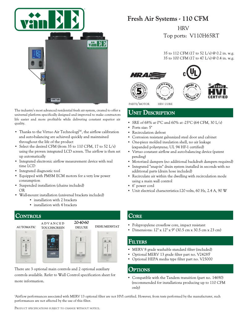 Page 1 de la notice Fiche technique vänEE V110H65RT