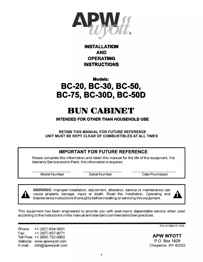 Page 1 de la notice Manuel utilisateur APW Wyott BC-31