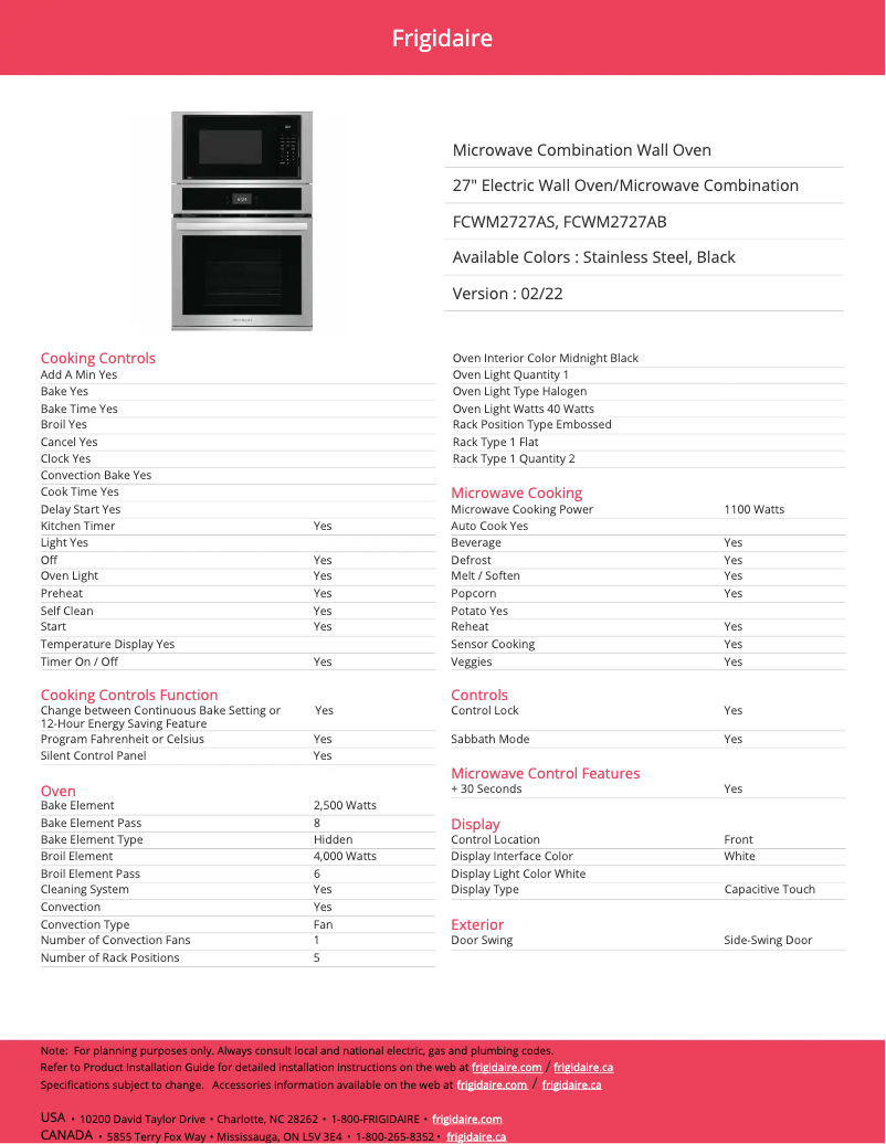 Page n°1 - Fiche technique Frigidaire FCWM2727AS