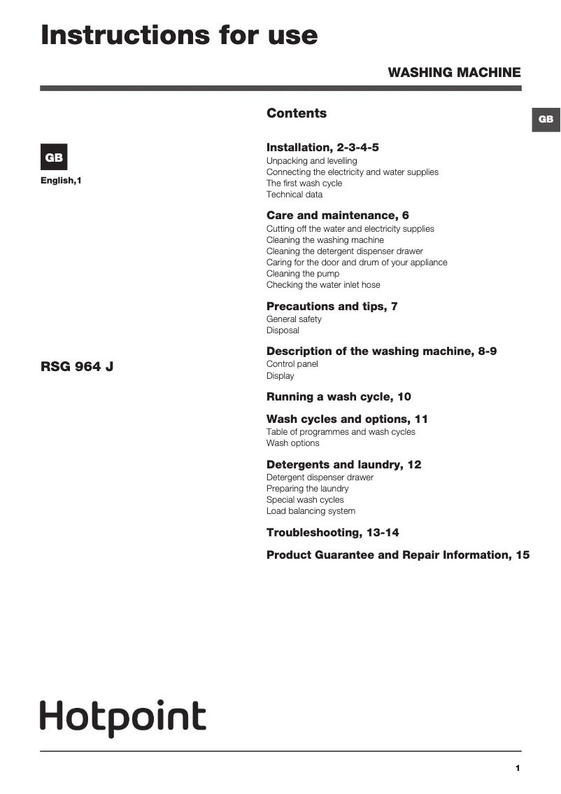 Page 1 de la notice Manuel utilisateur Hotpoint RSG 964 JGX UK