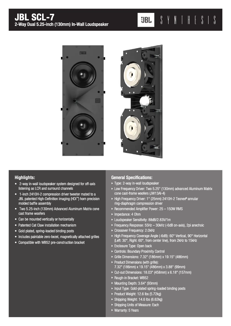 Page 1 de la notice Fiche technique JBL SCL-7
