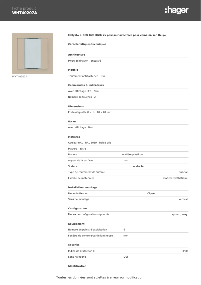 Page n°1 - Fiche technique Hager WHT40207A
