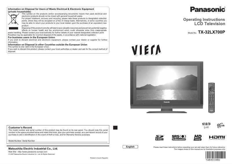 Page 1 de la notice Manuel utilisateur Panasonic Viera TX-32LX700P